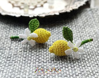Pendientes de limón, joyería de limón microcrochet, pasadores de plata 925