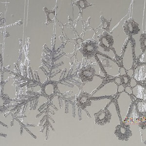 Crochet Snowflakes, Silver Shabby Xmas Tree Decor, Shining Christmas Ornaments, Silver Flakes Hanging 6pcs. image 5