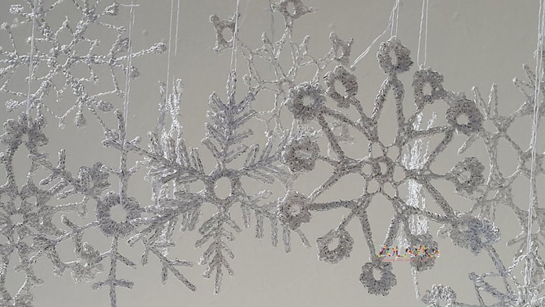 Crochet Snowflakes, Silver Shabby Xmas Tree Decor, Shining Christmas Ornaments, Silver Flakes Hanging 6pcs. image 5