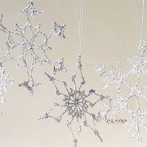 Crochet Snowflakes, Silver Shabby Xmas Tree Decor, Shining Christmas Ornaments, Silver Flakes Hanging 6pcs. image 4