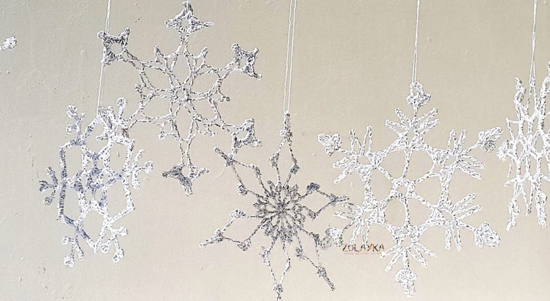 Crochet Snowflakes, Silver Shabby Xmas Tree Decor, Shining Christmas Ornaments, Silver Flakes Hanging 6pcs. image 4