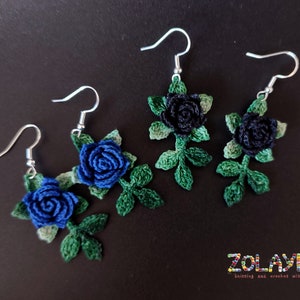 Blue Rose Dangle Earrings, 925 Silver Micro Crochet Black Rose Earrings Black