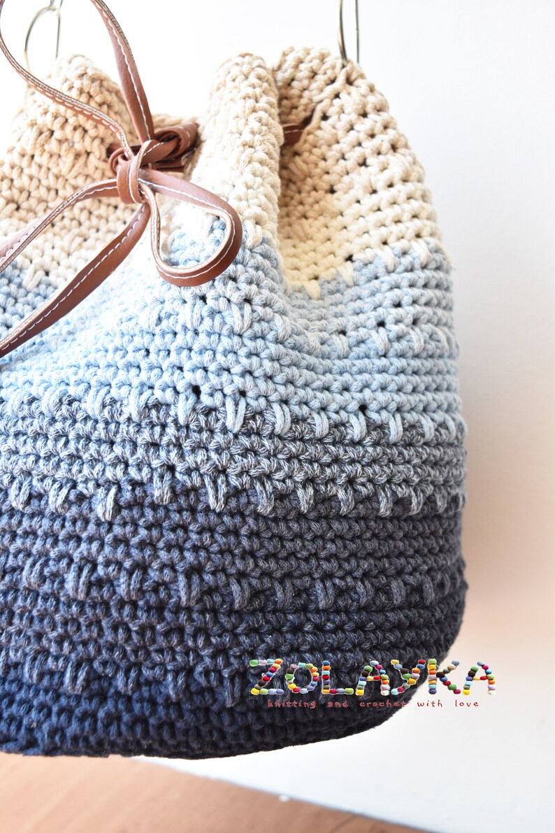 Blue bucket bag, crossbody bag crochet, summer cotton bag, leather handles and bottom, blue ombre bucket cross body purse, boho bag hippie image 5