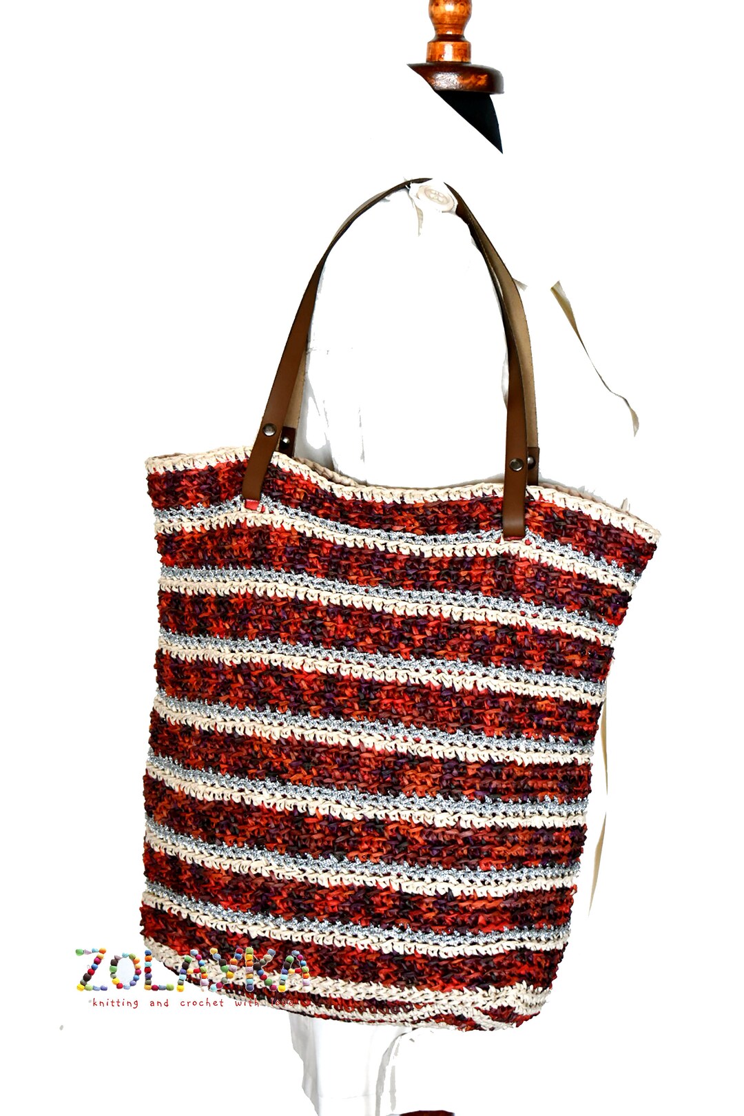 Large Raffia Beach Tote With Leather Handles – Woven Red & Beige Summer ...