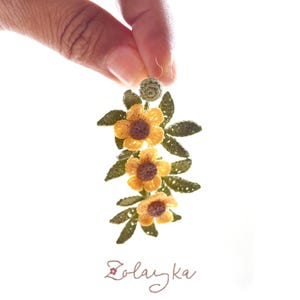 micro crochet buttercup Earrings displayed hanging to show drop length of 5 cm and detailed crochet flower work
