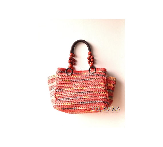 Red Crochet Bag With Wooden Handles Over Arm Crochet Purse Etsy
