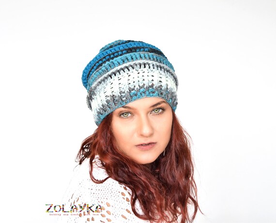 Women\'s Crochet Knitted Style Beanie Slouchy Hat Blue Summer Slouch Beanie | 100% Cotton Crochet Hat With Relaxed  main image 2