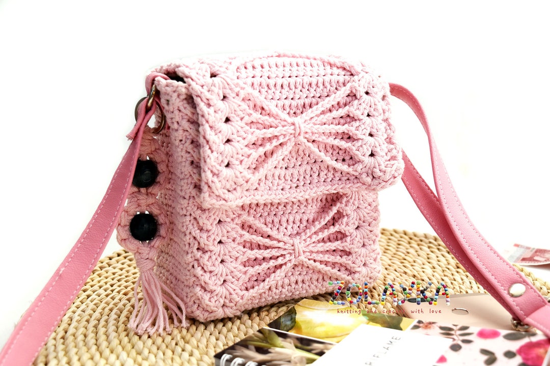 Pink Crossbody Bag, Crochet Messenger Bag, Vegan Leather Strap Phone ...