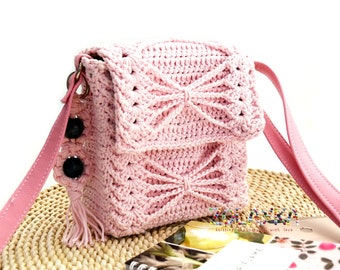 Pink Crossbody Bag, Crochet Messenger Bag, Vegan Leather Strap Phone Bag, Hard Boxy Boho Purse