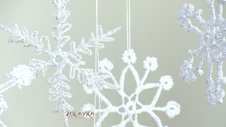 Crochet Snowflakes, Silver Shabby Xmas Tree Decor, Shining Christmas Ornaments, Silver Flakes Hanging 6pcs. image 1