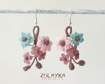 Blush Pink and Mint Micro Crochet Flower Earrings, Handcrafted 925 Silver Dangles, Lightweight Miniature Bouquet Jewelry