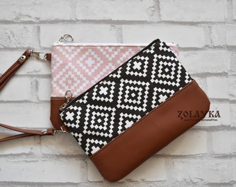 Grab and Go Cellphone Wristlet Wallet with Tribal Motives, Black White Mobile Clutch Bag, Gift for Daughter, Best friend, Big SIster