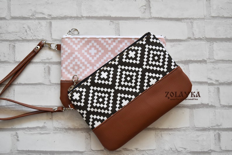 Grab and Go Cellphone Wristlet Wallet with Tribal Motives, Black White Mobile Clutch Bag, Gift for Daughter, Best friend, Big SIster image 1