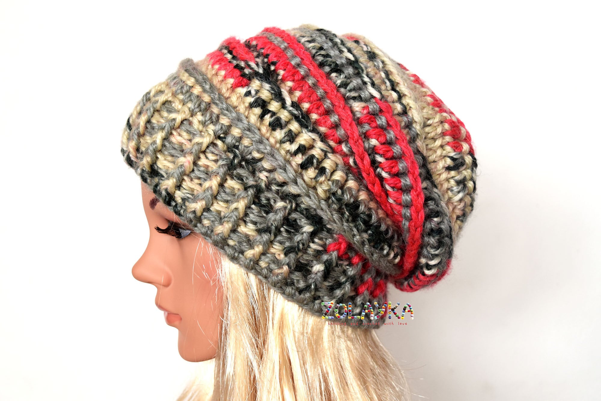 Red and Gray Crochet Slouchy Beanie – Chunky Wool Blend  display picture 2