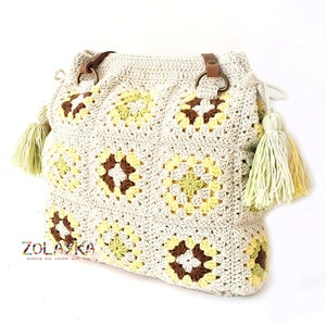 Granny Square Crochet Bag with Tassels, Large Shoulder Hippie Bag, Genuine Leather Handles, Many Inside Pockets image 5
