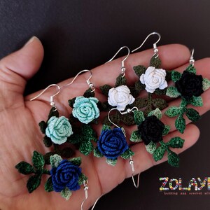 Blue Rose Dangle Earrings, 925 Silver Micro Crochet Black Rose Earrings image 7