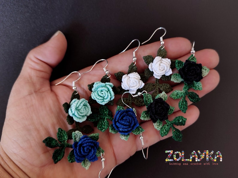 Blue Rose Dangle Earrings, 925 Silver Micro Crochet Black Rose Earrings image 7
