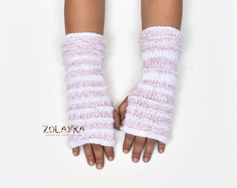 Soft Fingerless Gloves for Women, Pink White Mohair Arm Warmers with Sparkling Thread, Hand Knit Long Gloves