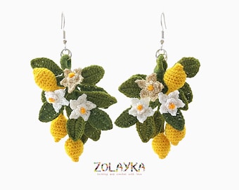 Pendientes de limón de micro crochet, pendientes colgantes de flor de limón