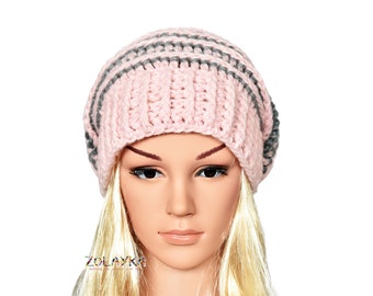 Pink and Grey Slouchy Beanie – Chunky Knit Winter Hat for Women