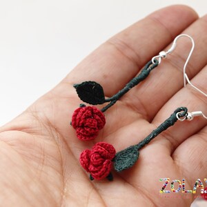 Red Rose Dangle Earrings - Micro Crochet Handcrafted Floral Jewelry - Delicate and Unique Gift