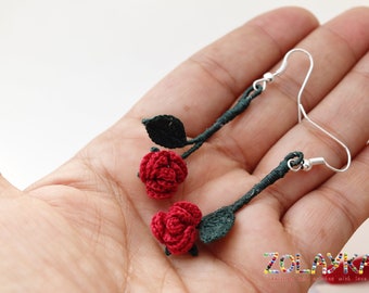 Pendientes de microcrochet con rosa roja, regalo floral romántico hecho a mano, ganchos de plata 925