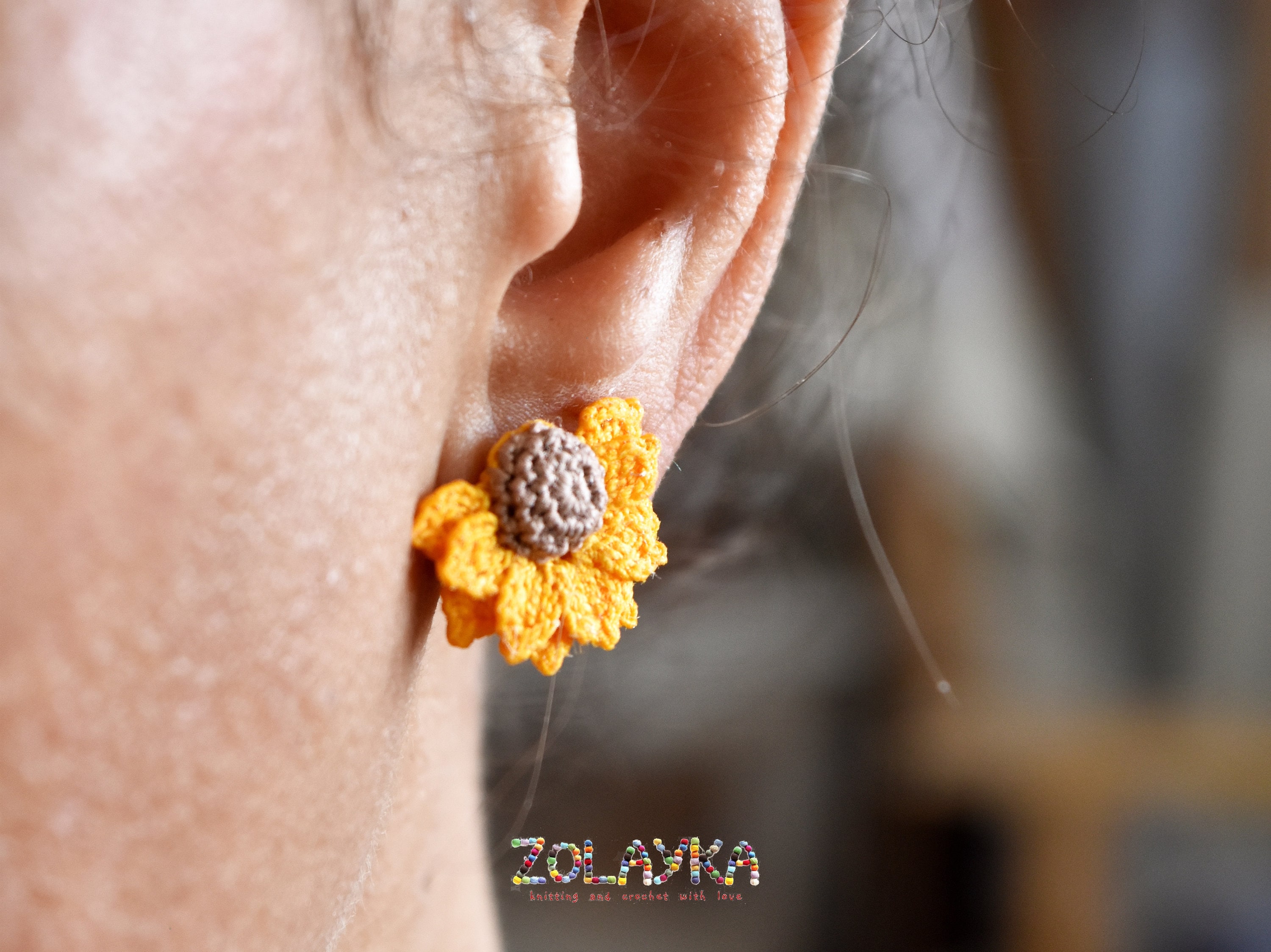 Micro Crochet Sunflower Stud Earrings on 18K Gold Plated Studs
