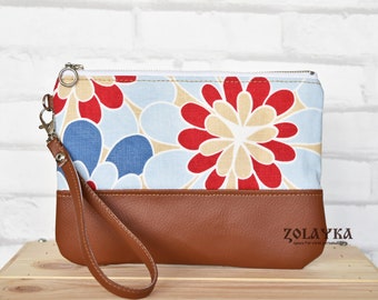 Wristlet Phone Clutch with flowers, Woman Zip Wallet Phone Pouch, Leather Phone Wristlet