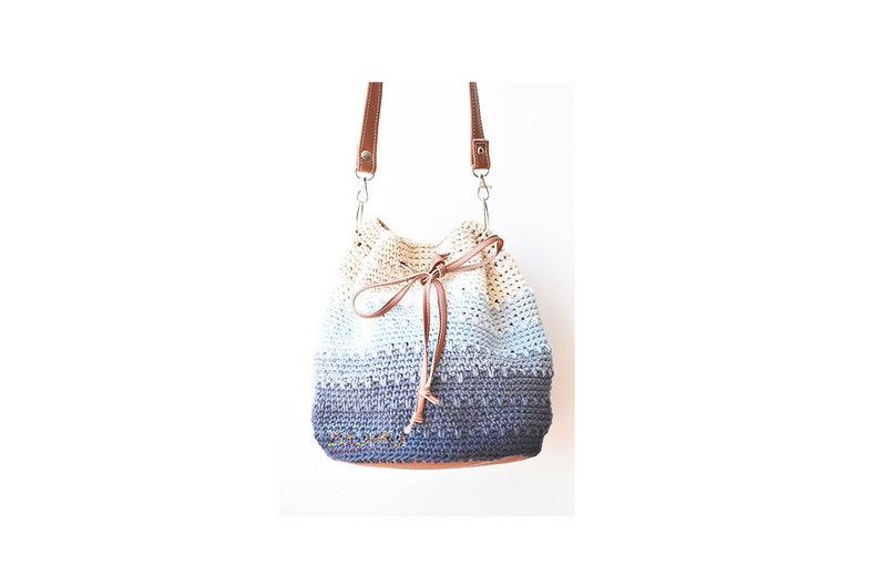 Blue bucket bag, crossbody bag crochet, summer cotton bag, leather handles and bottom, blue ombre bucket cross body purse, boho bag hippie image 2