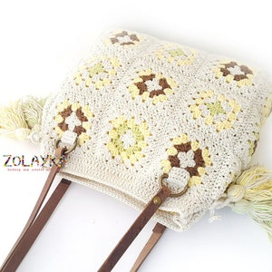 Granny Square Crochet Bag with Tassels, Large Shoulder Hippie Bag, Genuine Leather Handles, Many Inside Pockets image 2