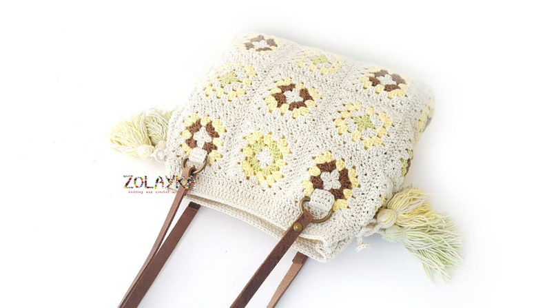 Granny Square Crochet Bag with Tassels, Large Shoulder Hippie Bag, Genuine Leather Handles, Many Inside Pockets image 2