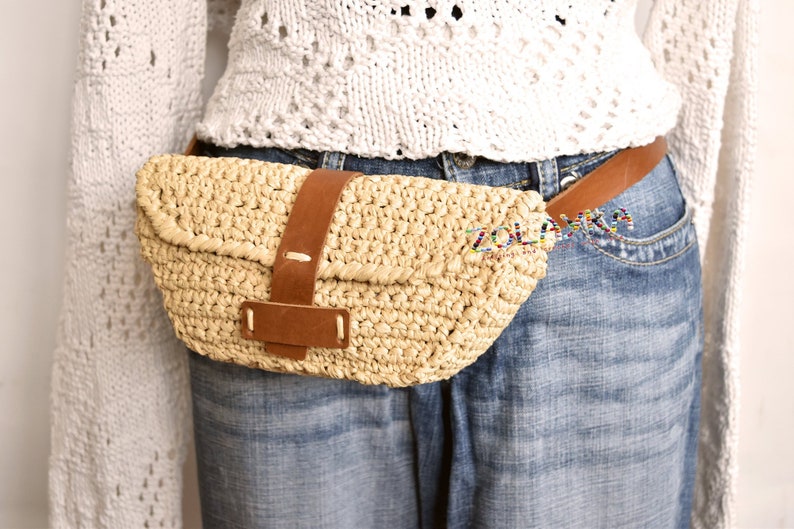 Natural Raffia Belt Bag Straw Fanny Pack Genuine Leather Etsy