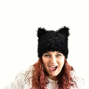 Black pussycat hat, cat ear hat, cat hat, kitty hat, hat with ears, pussycat beanie, animal hat, pussyhat, women march hat, fur pussy cat image 2