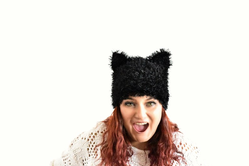 Black pussycat hat, cat ear hat, cat hat, kitty hat, hat with ears, pussycat beanie, animal hat, pussyhat, women march hat, fur pussy cat image 2