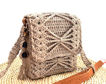 Hippie Crossbody Bag, Hard Structure Messenger Bag, Crochet Purse with Adjustable Real Leather Strap, Festival Hard Box Shape Shoulder Bag