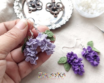 Lilac Blooming Earrings, Handcrafted Microcrochet Jewelry on 925 Silver Hooks