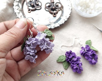 Lilac Blooming Earrings, Handcrafted Microcrochet Jewelry on 925 Silver Hooks