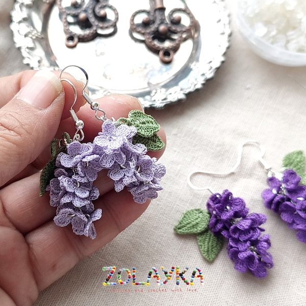 Lilac Blooming Earrings, Handcrafted Microcrochet Jewelry on 925 Silver Hooks