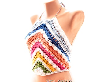 Rainbow Halter Top, Crochet Festival Crop Top, S (US) Woman Size