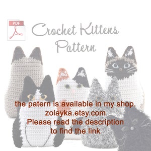 Crochet kitten pattern PDF download. Five crocheted kittens in various colors and patterns are shown. The text reads 'Crochet Kittens Pattern', 'the pattern is available in my shop. zolayka.etsy.com', 'Please read the description to find the link'.