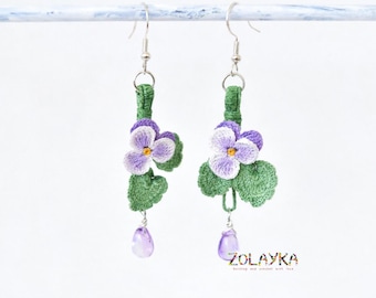 Pansy Flower Micro Crochet Dangle Earrings, Purple Floral Jewelry, 925 Silver Hooks