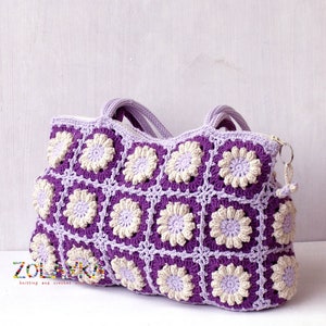 Women boho hippie bag with flowers bohemian style eco friendly cotton shoulder bag granny squares top handle handback in bright colors image 9