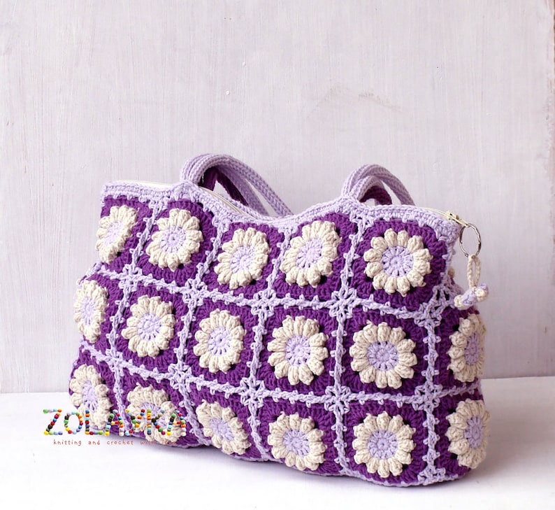 Women boho hippie bag with flowers bohemian style eco friendly cotton shoulder bag granny squares top handle handback in bright colors image 9