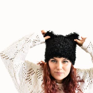 Black pussycat hat, cat ear hat, cat hat, kitty hat, hat with ears, pussycat beanie, animal hat, pussyhat, women march hat, fur pussy cat image 3