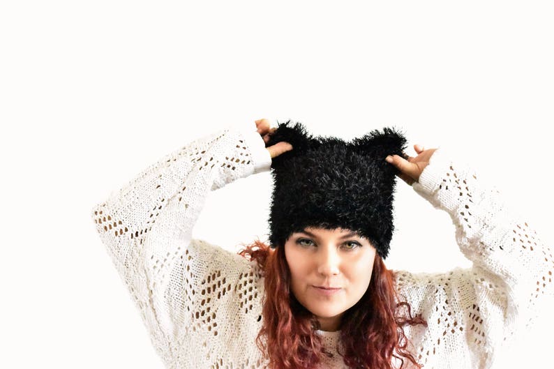 Black pussycat hat, cat ear hat, cat hat, kitty hat, hat with ears, pussycat beanie, animal hat, pussyhat, women march hat, fur pussy cat image 3