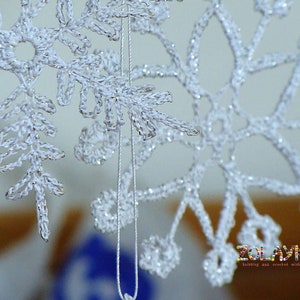 Crochet Snowflakes, Silver Shabby Xmas Tree Decor, Shining Christmas Ornaments, Silver Flakes Hanging 6pcs. image 3