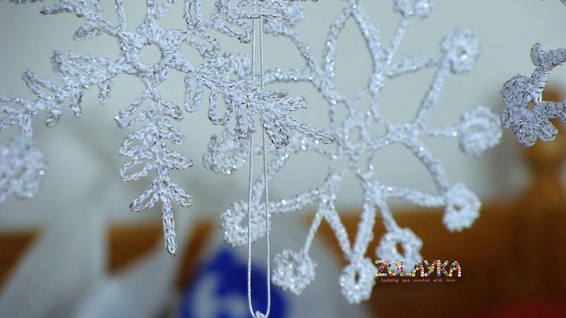 Crochet Snowflakes, Silver Shabby Xmas Tree Decor, Shining Christmas Ornaments, Silver Flakes Hanging 6pcs. image 3