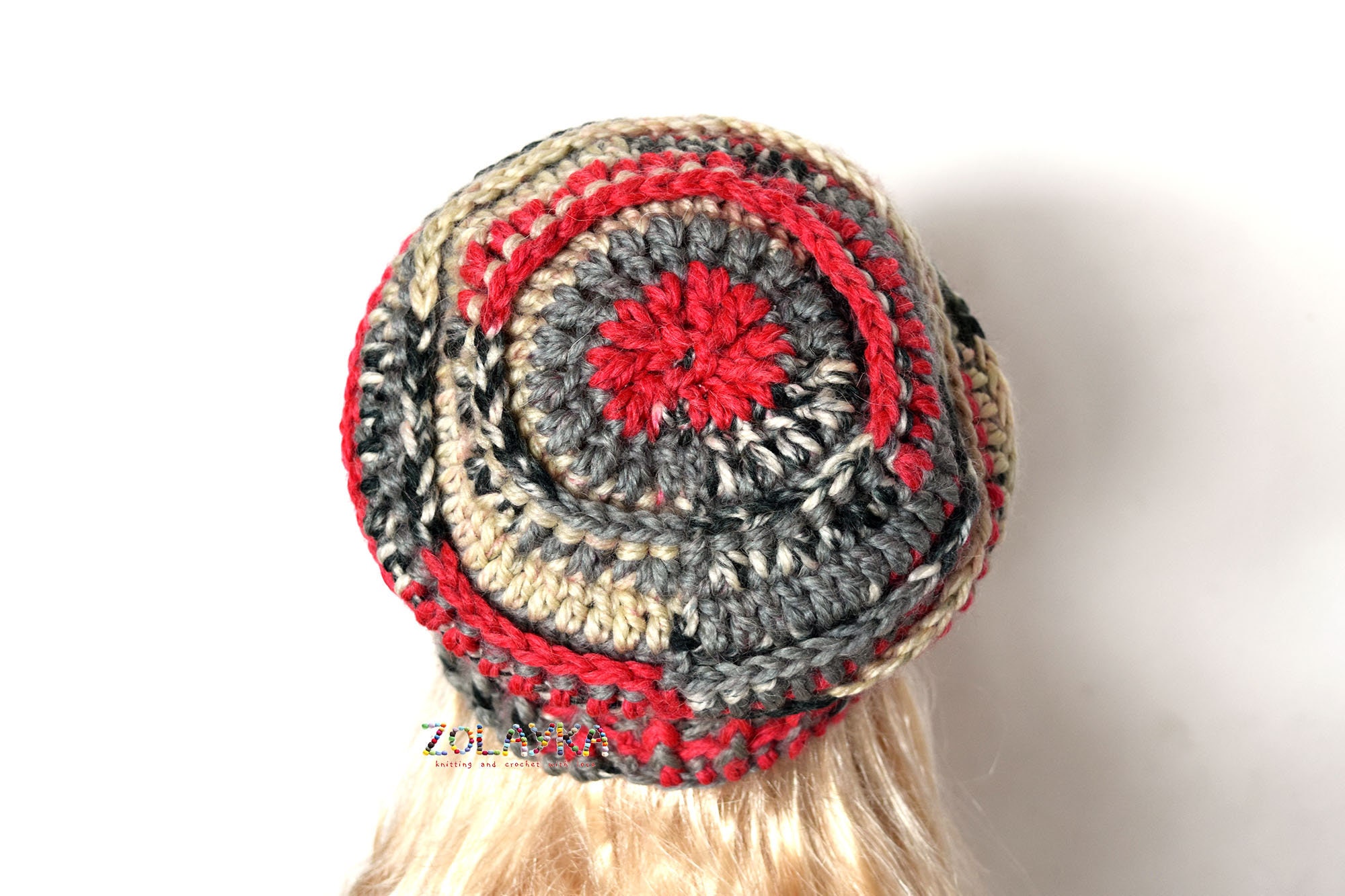 Red and Gray Crochet Slouchy Beanie – Chunky Wool Blend  display picture 1