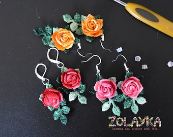 Handmade Micro Crochet Rose Flower Dangle Earrings, 925 Silver