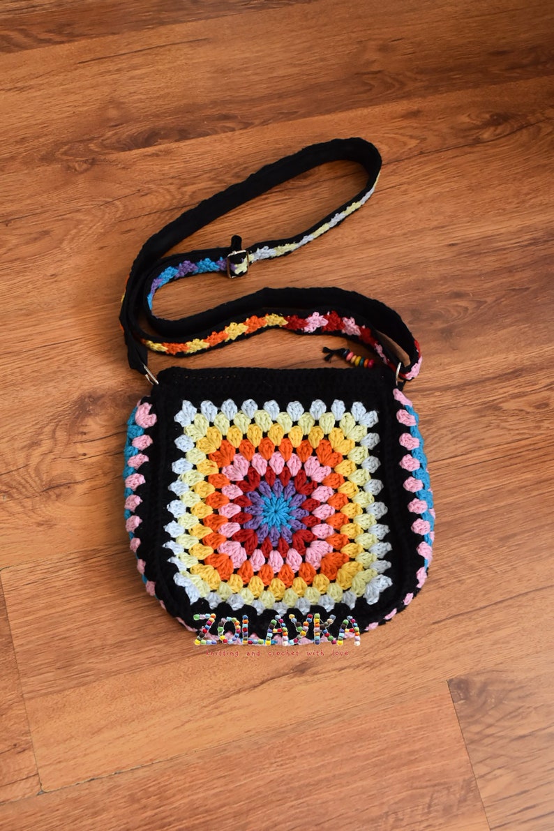 Hippie Crossbody Bag, Granny Square Bag, Crochet Colorful Purse, Adjustable Strap, Festival Shoulder Bag, Vintage Style, Gift For Her image 8